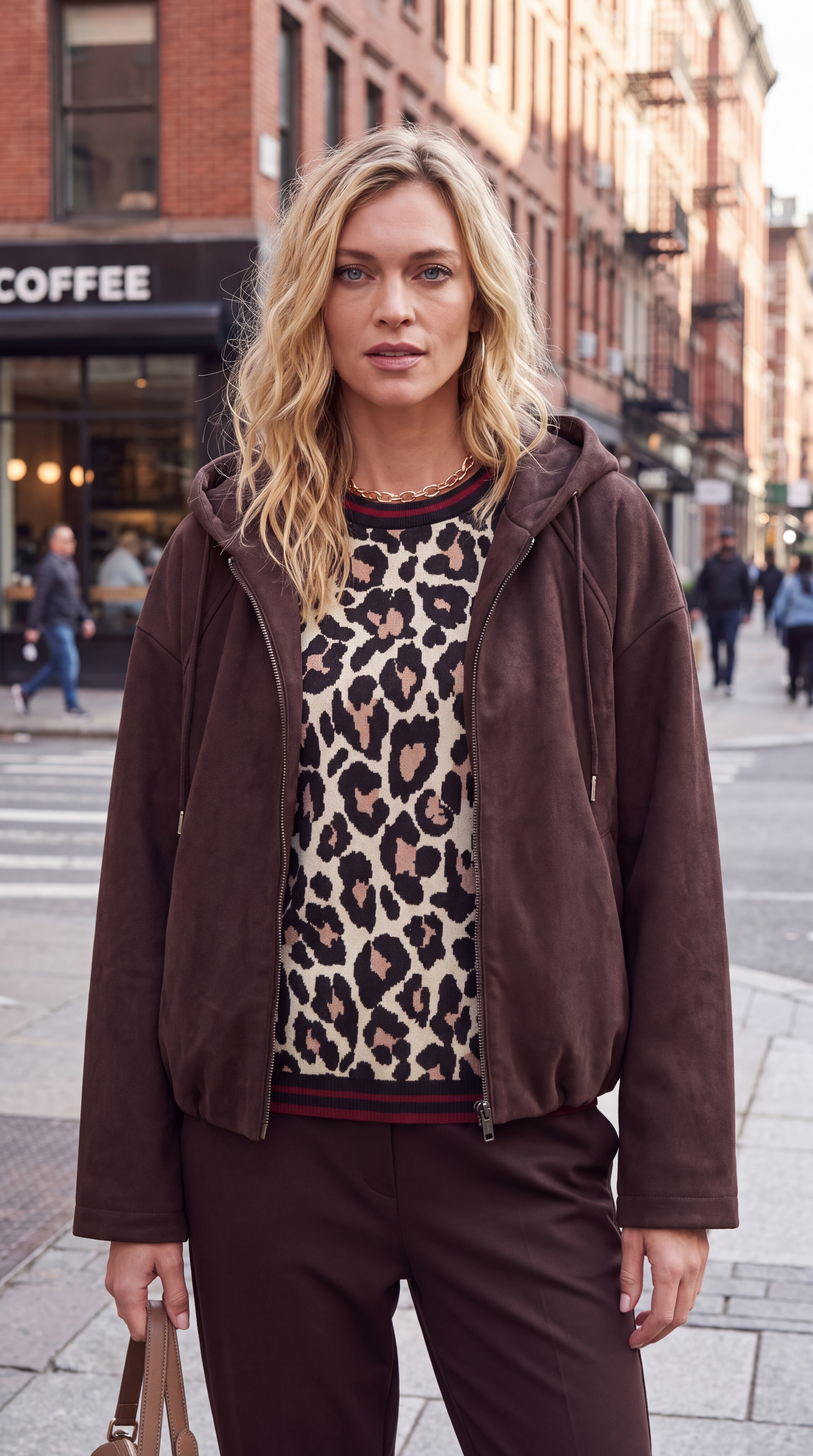 Dámska bunda s kapucňou v im itácii brúsenej kože BROADWAY NYC FASHION ESPRESSO Tmavohnedá s.WEAR 2